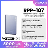 REMAX - RPP-107 Vocard Pro Series 5,000mAh PD Magnetic Wireless Power Bank(PD 20W) - Blue