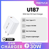 REMAX - U187 PD Gan Fast Charger (30W) - White