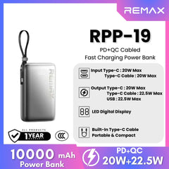 REMAX - RPP-19 10000mAh PD+QC Cable Power Bank (20W+22.5W) - Armor Silver