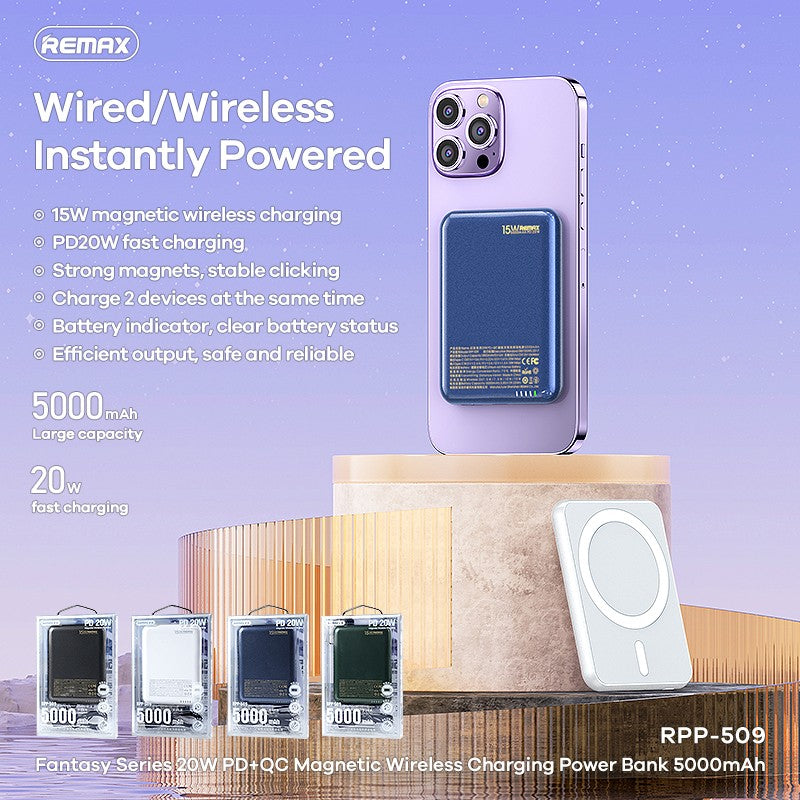 Remax RPP-509 5000mAh 20W PD + QC Magnetic Wireless Fantasy Series Power Bank - Blue