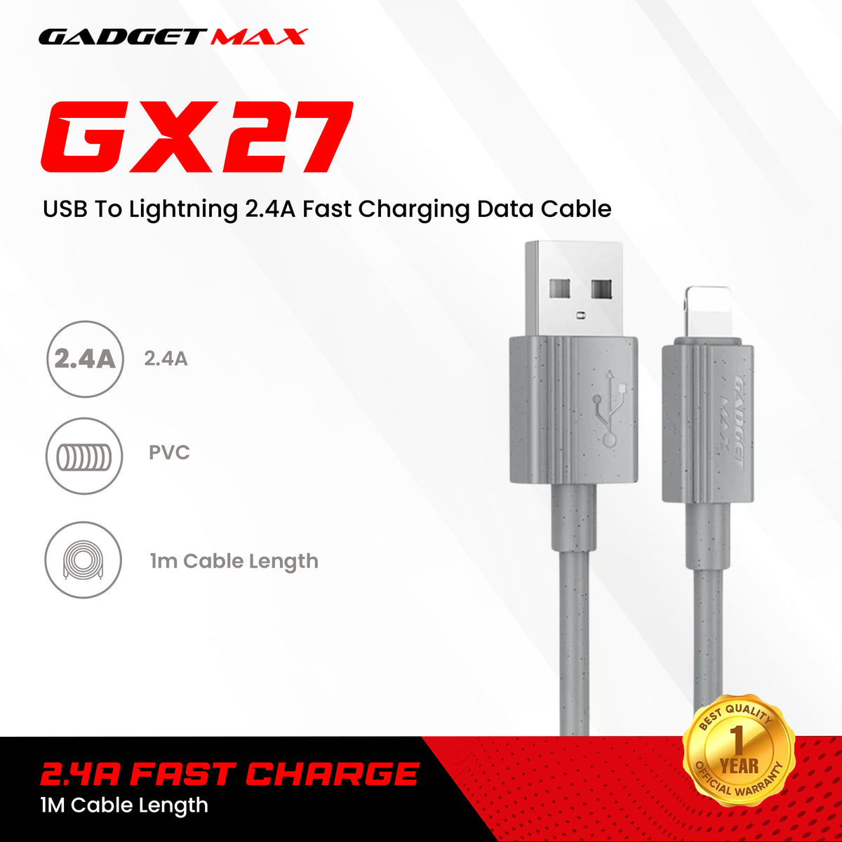 GADGET MAX - GX27 TPE Series USB To Lightning Data Cable ( 2.4A ) - Grey