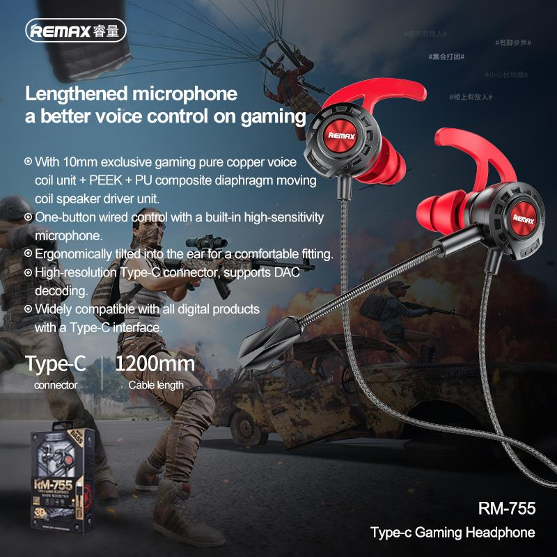 REMAX RM-755 TYPE-C EARPHONE,Type C Gaming Earphone with mic  , USB C Stereo Headset ,  USB C Gaming headset, Type C Wired Headset for PUBG Gamer , Best Type C Gaming Earphone for PUBG