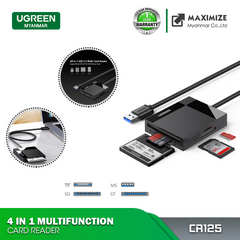 UGREEN CR125 USB 3.0 ALL IN ONE MULTIFUNCTION CARD READER (50CM)(USB 3.0 TO 4 IN 1), All in One Card Reader, Multifunction Card Reader