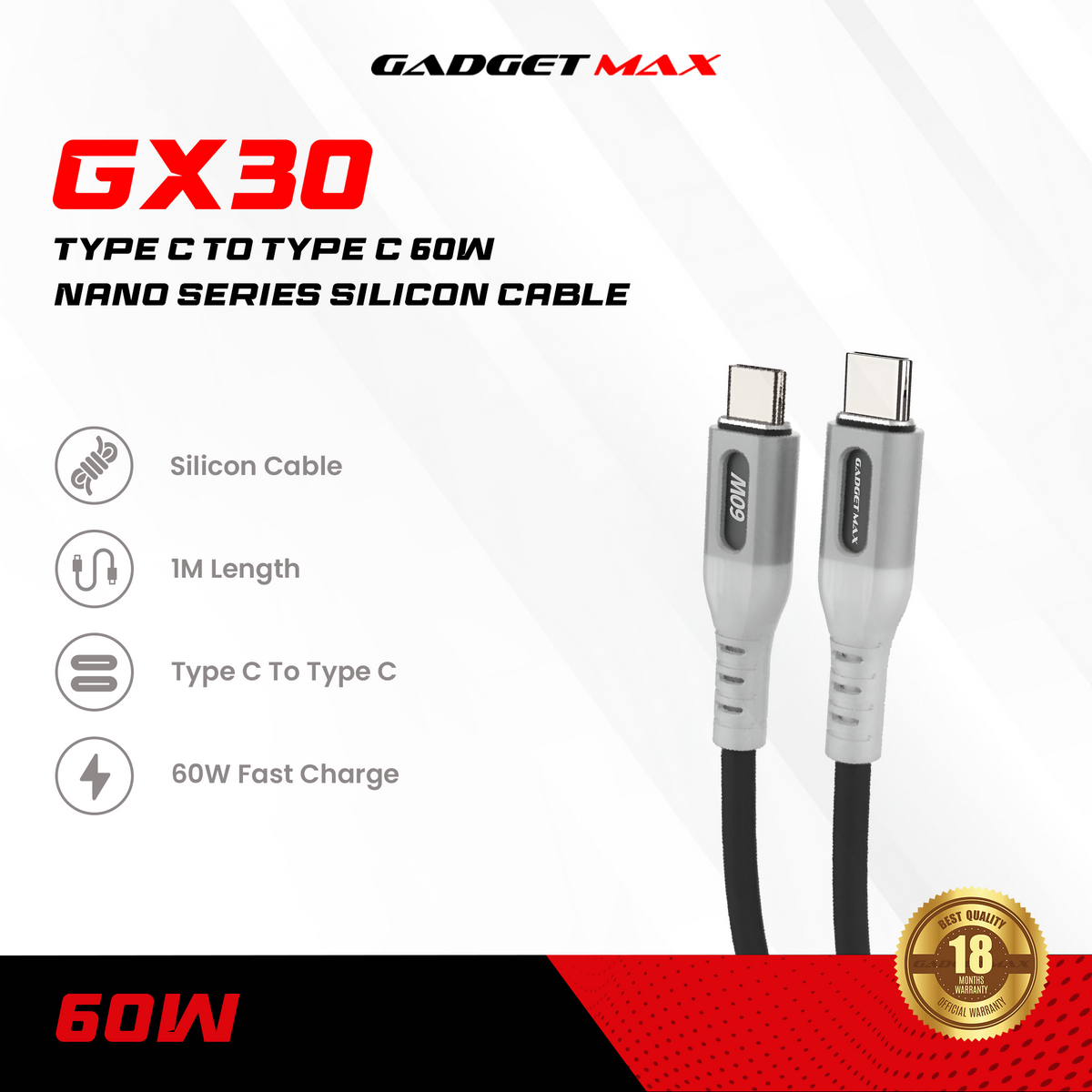 GADGET MAX - GX30 C-C Nano Series Type-C To Type-C PD Fast Charging Data Cable ( 60W ) - Black