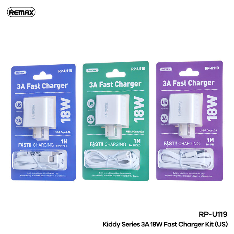 REMAX RP-U119 IPH 18W 3A KIDDY SERIES FAST CHARGER SET (1M)