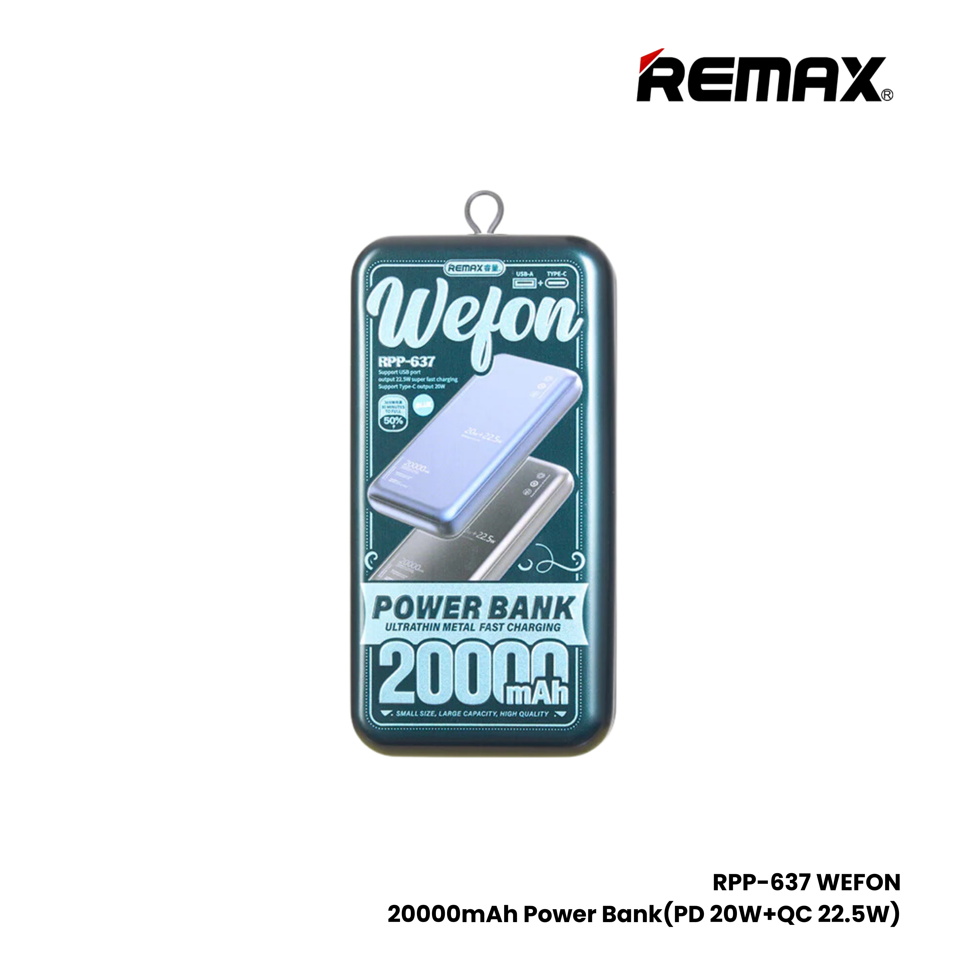 REMAX RPP-637 Wefon Series 20000mAh PD+QC Fast Charging Ultra thin Power Bank(PD 20W+QC 22.5W) - Blue