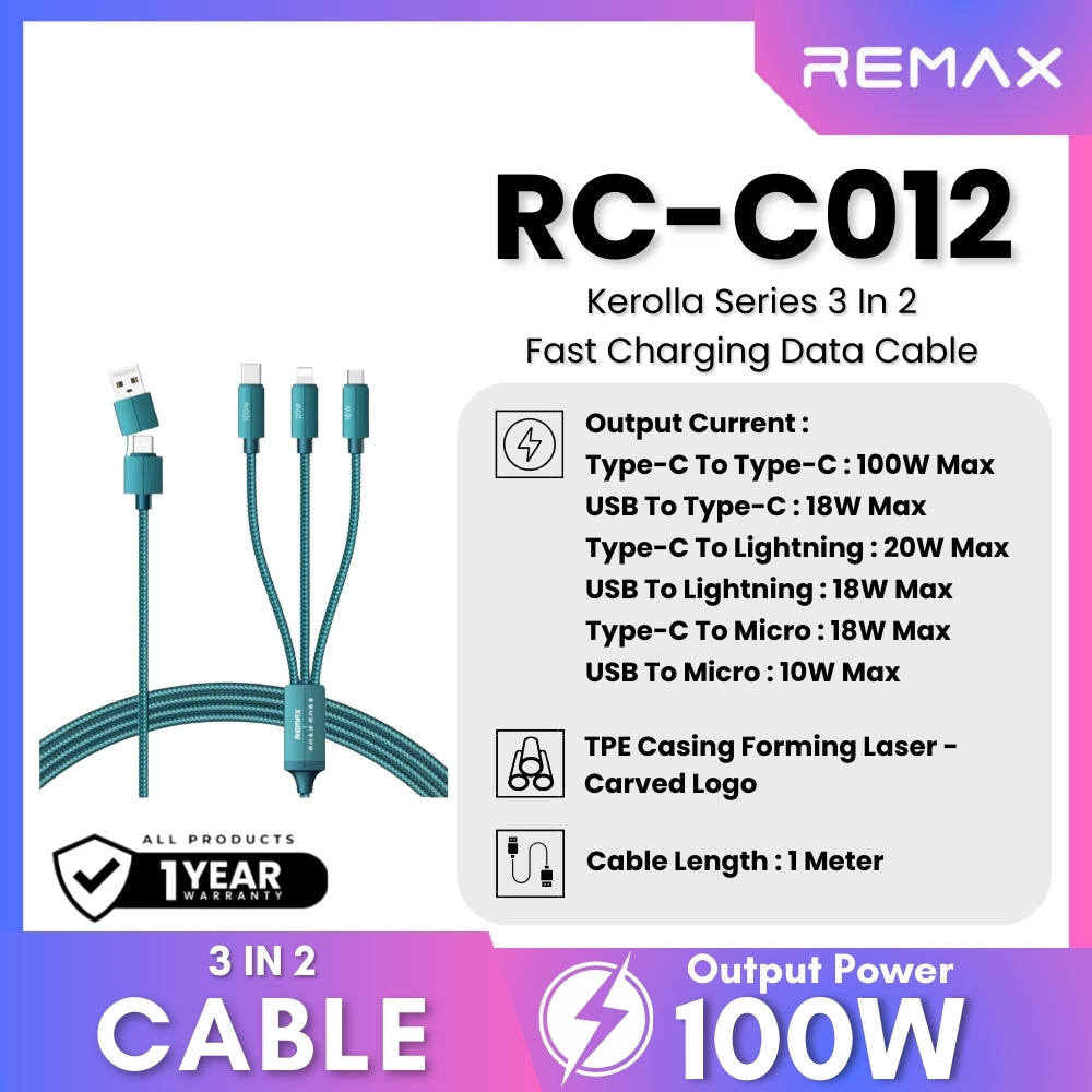 REMAX - RC-C012 3 In 2 Kerolla Series 100W Fast Charging Data Cable - Green