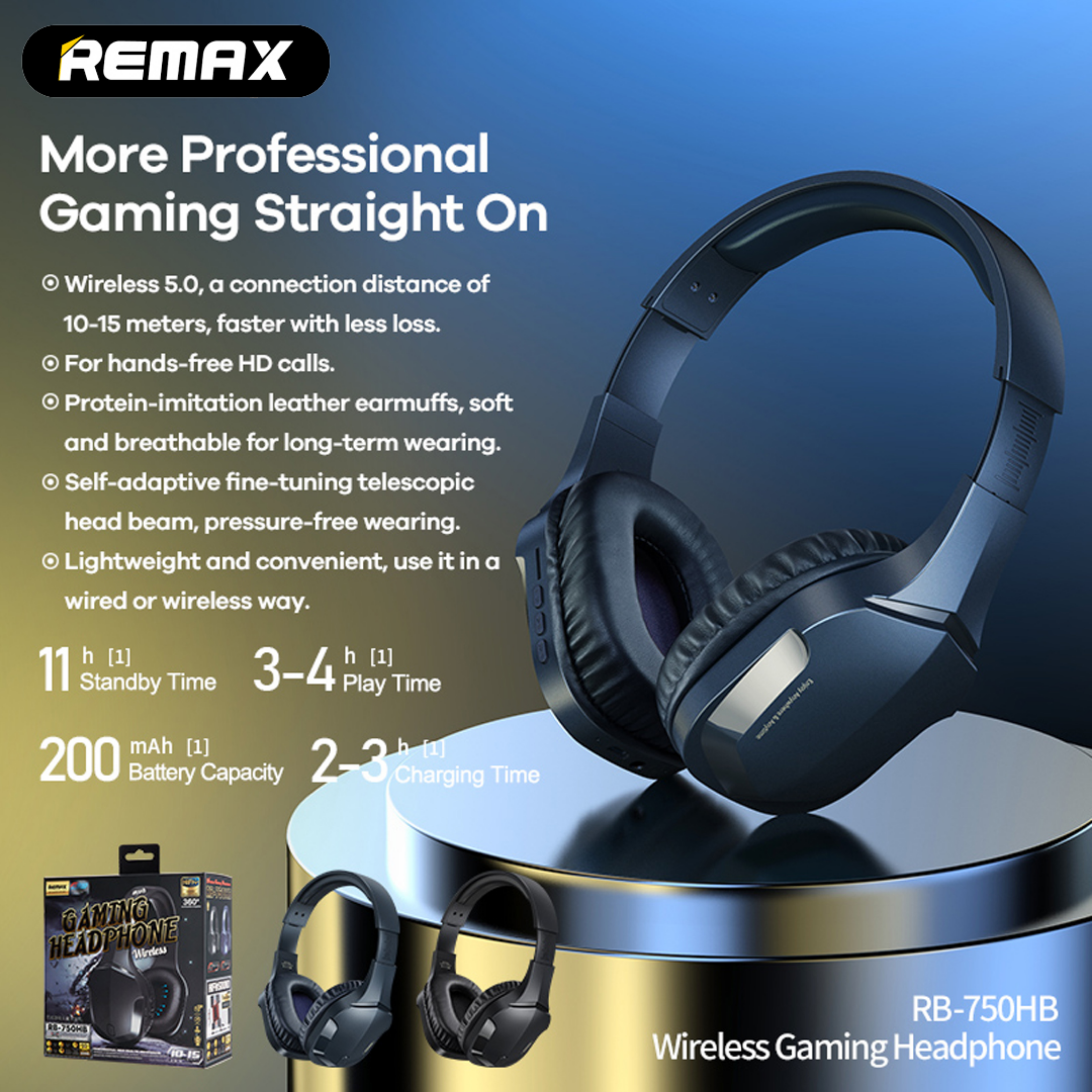 REMAX RB-750HB Gaming Bluetooth Wireless Headphone - Blue