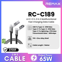 REMAX - RC-C189 A+C-C+L 2 In 2 Charging Data Cable (65W) - Black