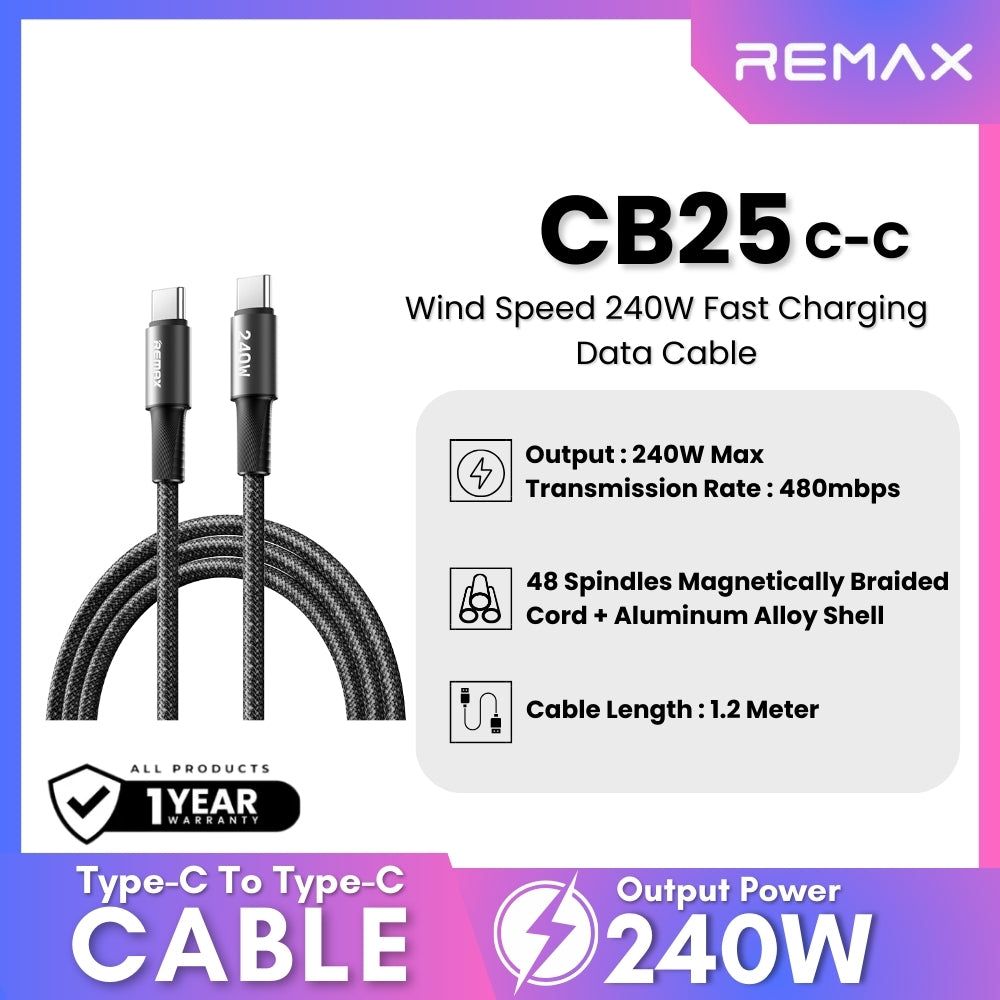 REMAX - CB25 C-C Wind Speed 240W Fast Charging Data Cable - Black