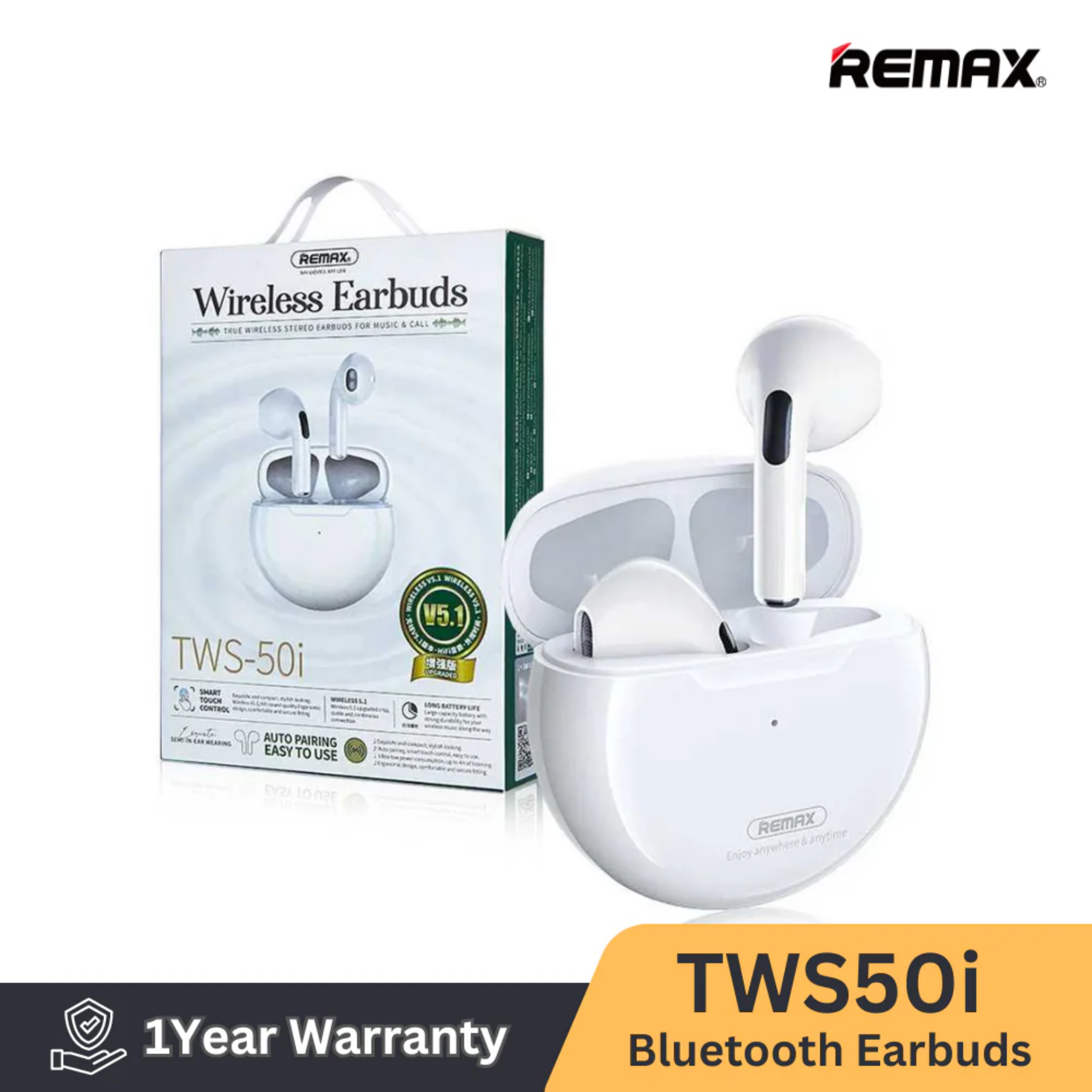 REMAX TWS-50i Wireless Bluetooth Earbuds - White