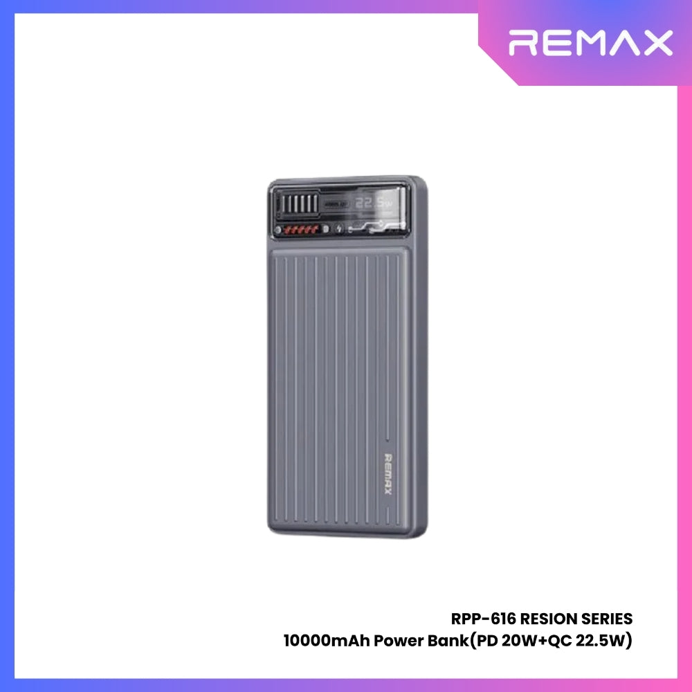 REMAX - RPP-616 Resion Series 10000mAh PD+QC Fast Charging Power Bank(PD 20W+QC 22.5W) - Grey