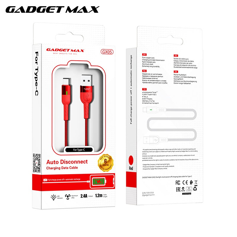 GADGET MAX GX05 TYPE-C 2.4A AUTO DISCONNECT DATA CABLE FOR TYPE-C (2.4A)(1.2M) - RED