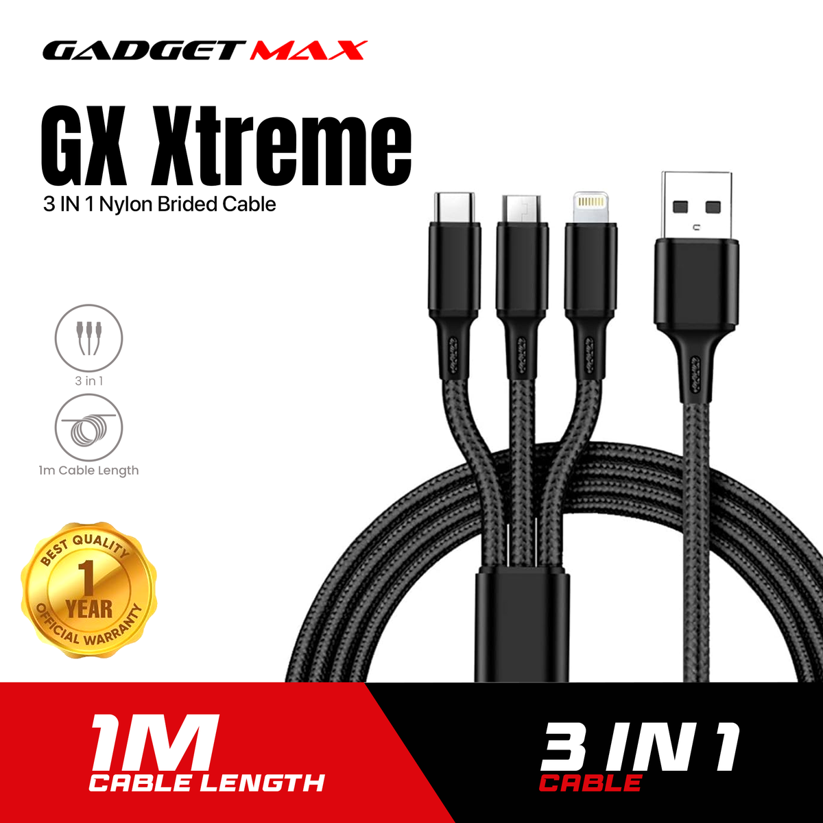 GADGET MAX GX 3IN1 XTREME 3 IN 1 NYLON BRAIDED CABLE (1.5M)(5V)(3.5A)