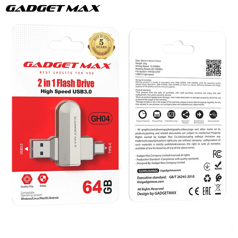 GADGET MAX GH04 (64GB) 2 IN 1 FLASH DRIVE HIGH SPEED USB3.0