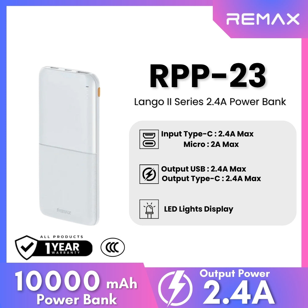 REMAX RPP-23 Lango 2 Series 10000mAh Fast Charging Power Bank(2.4A) - White
