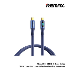 100W ( C to C )-REMAX RC-C032 C-C Zisee Series 100W Type-C to Type-C Fast Charging Digital Display Charging Data Cable - Blue