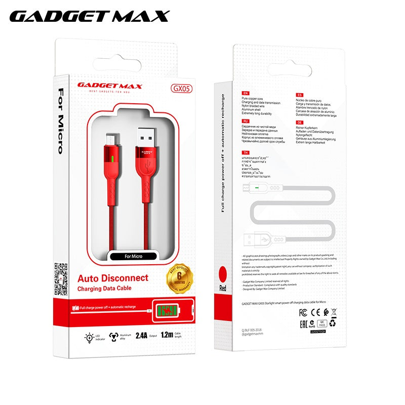 GADGET MAX GX05 MICRO 2.4A AUTO DISCONNECT DATA CABLE FOR MICRO (2.4A)(1.2M) - RED