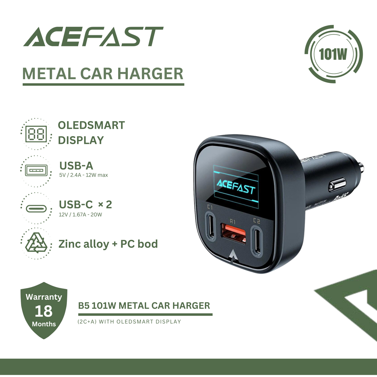 ACEFAST B5 101W (2C+A) METAL CAR HARGER WITH OLEDSMART DISPLAY