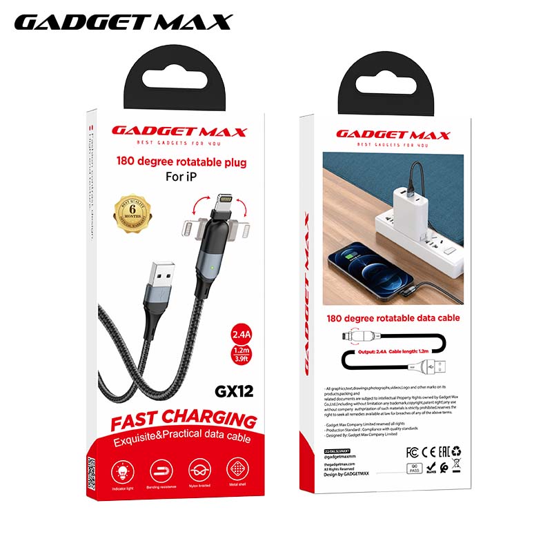 GADGET MAX GX12 FAST CHARGING EXQUISITE & PRACTICAL DATA CABLE FOR IPH (2.4A) (1.2M)  - ?BLACK