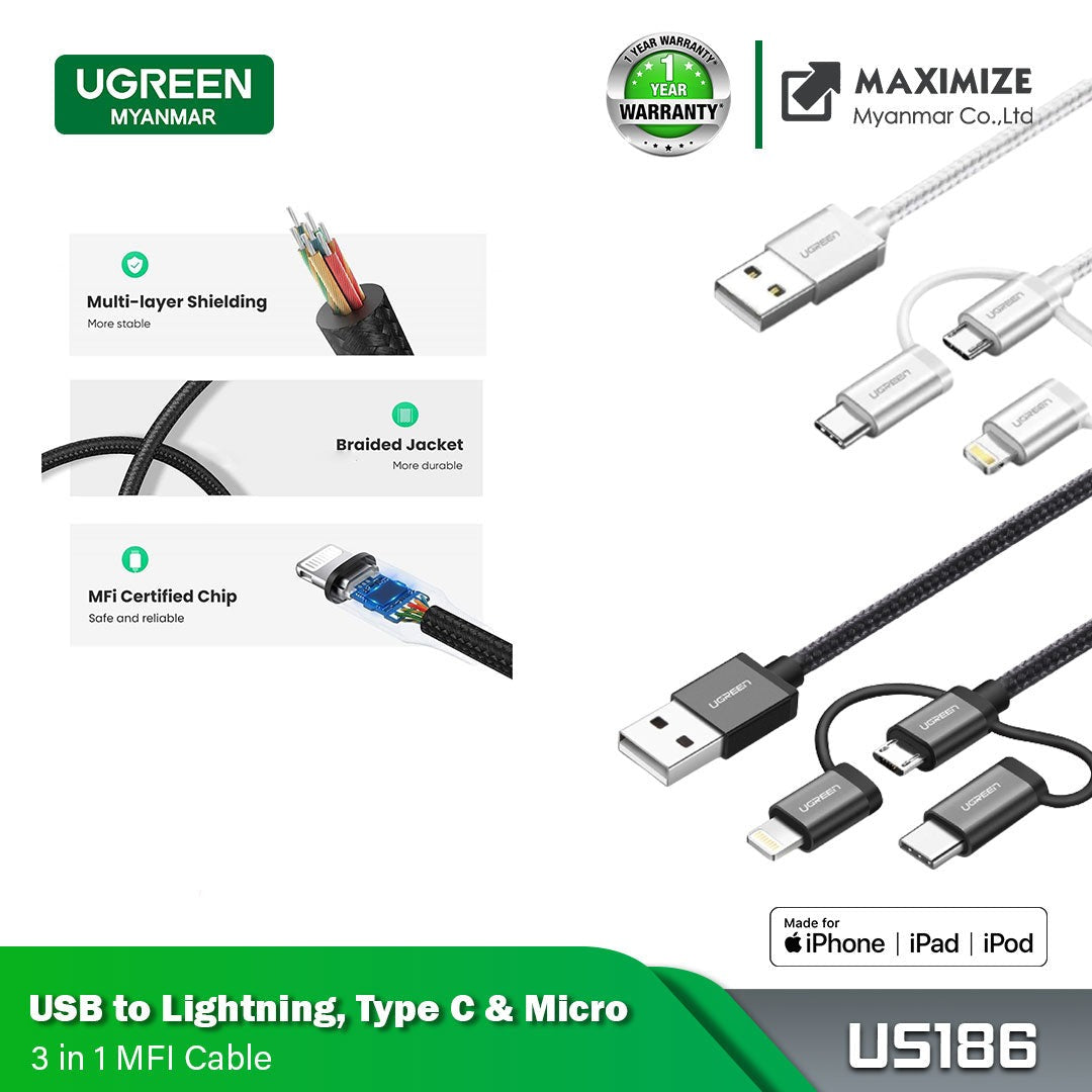 Ugreen USB 2.0 A/M to Micro B + Lighting + USB-C 3 in 1 MFI Cable 1M - White
