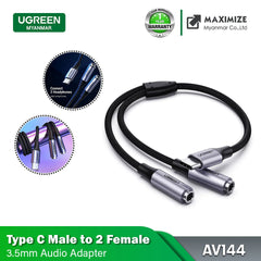 Ugreen USB Type-C Male to 3.5mm 2 Female Audio Nylon Cable - Black