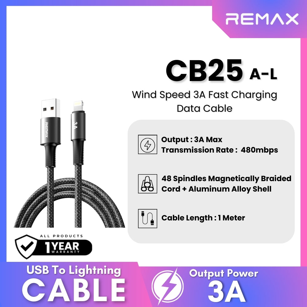 REMAX - CB25 A-L Wind Speed 3A Fast Charging Data Cable - Black
