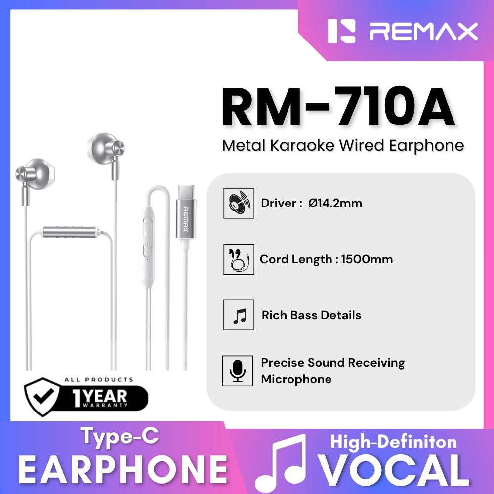 REMAX - RM-710A Type-C Metal Karaoke Wired Earphone - Silver