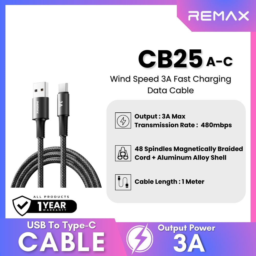 REMAX - CB25 A-C Wind Speed 3A Fast Charging Data Cable - Black