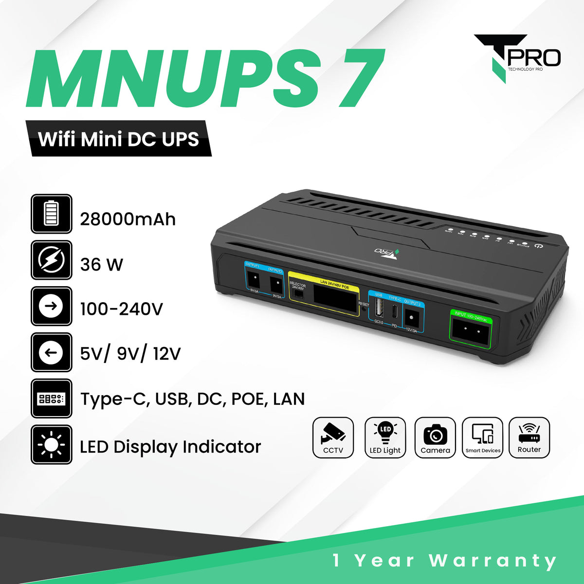 T-PRO - MNUPS 7 28000mAh Multifunctional DC Mini UPS ( 36W )  - Black