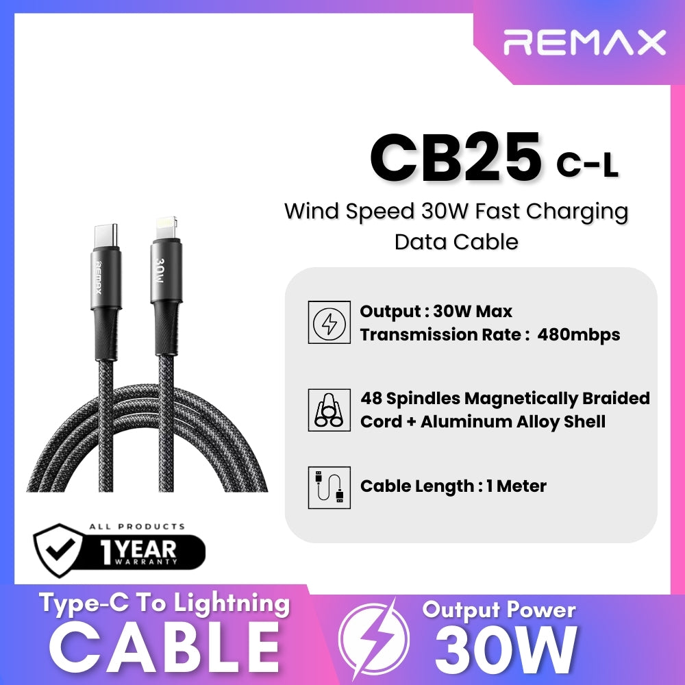 REMAX - CB25 C-L Wind Speed 30W Fast Charging Data Cable - Black