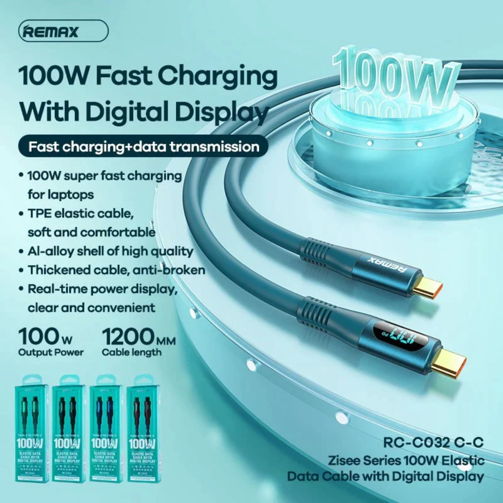 100W ( C to C )-REMAX RC-C032 C-C Zisee Series 100W Type-C to Type-C Fast Charging Digital Display Charging Data Cable - Grey