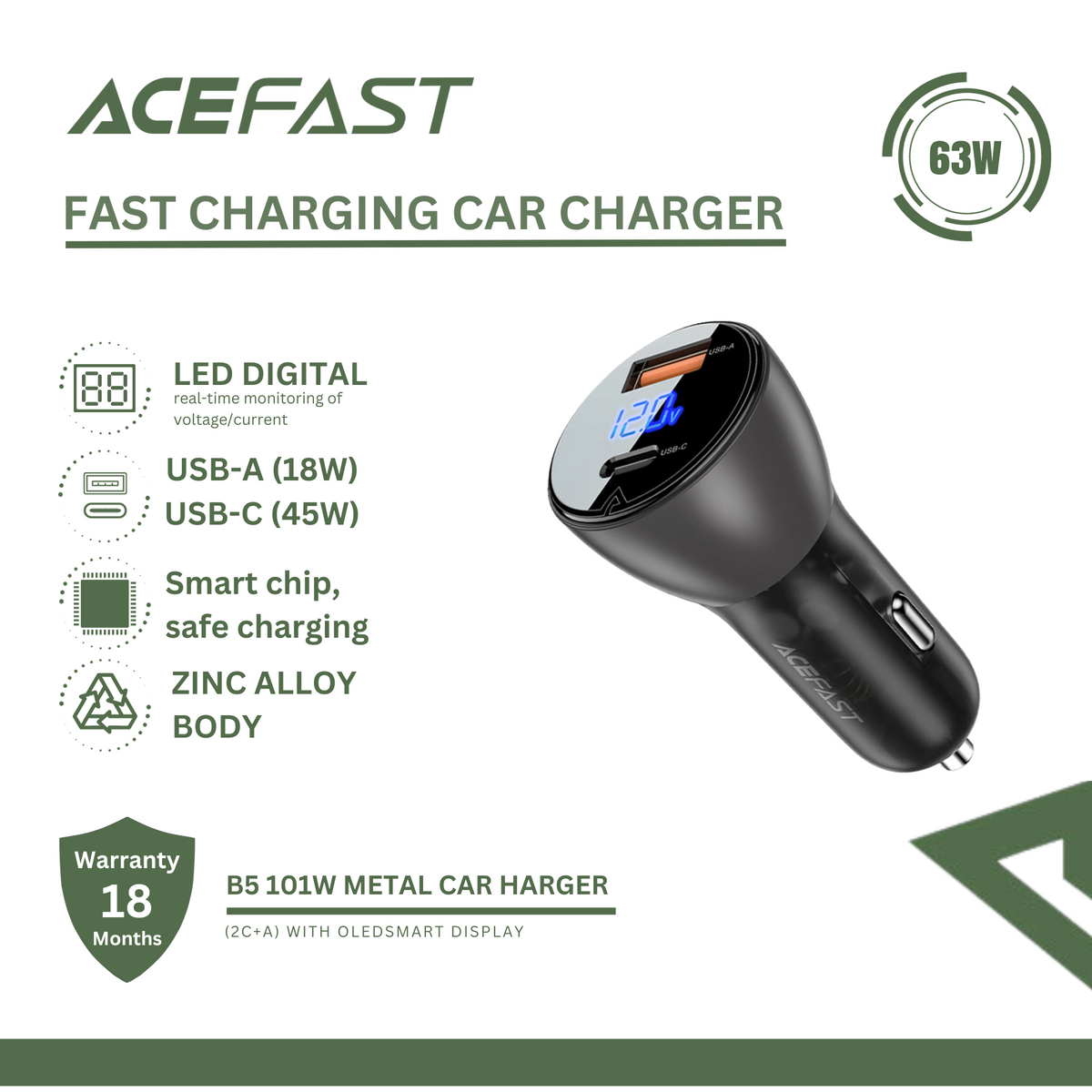 ACEFAST B6 METAL CAR CHARGER 63W (USB-A+USB-C) WITH DIGITAL DISPLAY