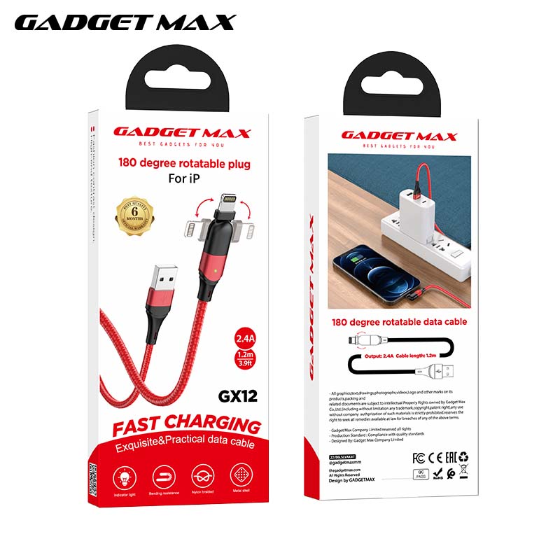 GADGET MAX GX12 FAST CHARGING EXQUISITE & PRACTICAL DATA CABLE FOR IPH (2.4A) (1.2M)  - ?RED