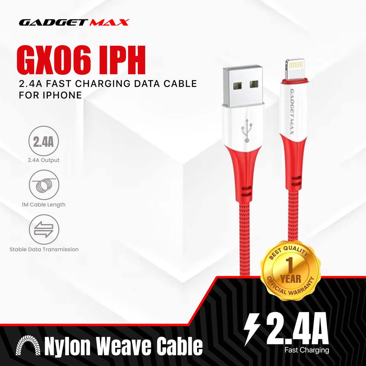 GADGET MAX GX06 IPH 2.4A FAST CHARGING EXQUISITE & PRACTICAL DATA CABLE FOR IPH (2.4A)(1M) - RED
