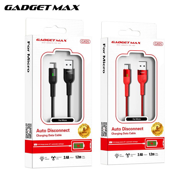 GADGET MAX GX05 MICRO 2.4A AUTO DISCONNECT DATA CABLE FOR MICRO (2.4A)(1.2M) - BLACK