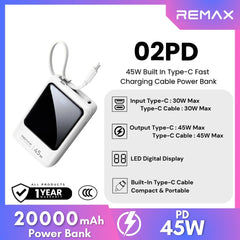 REMAX - 02PD 20000mAh 45W Fast Charging Cable Power Bank - White