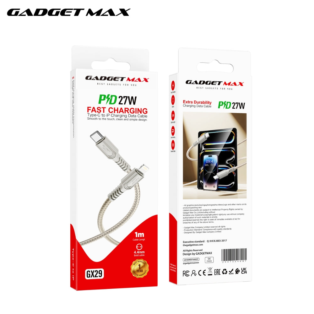 GADGET MAX - GX29 C-L Woven Series Type-C To Lightning Fast Charging Data Cable (27W) - Grey