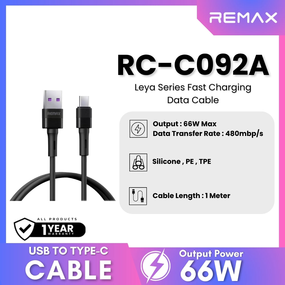 REMAX - RC-092A Leya Series USB to Type-C Fast Charging Data Cables (66W) - Black