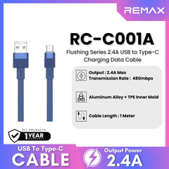 REMAX - RC-C001A Flushing Series 2.4A USB to Type-C Charging Data Cable - Blue