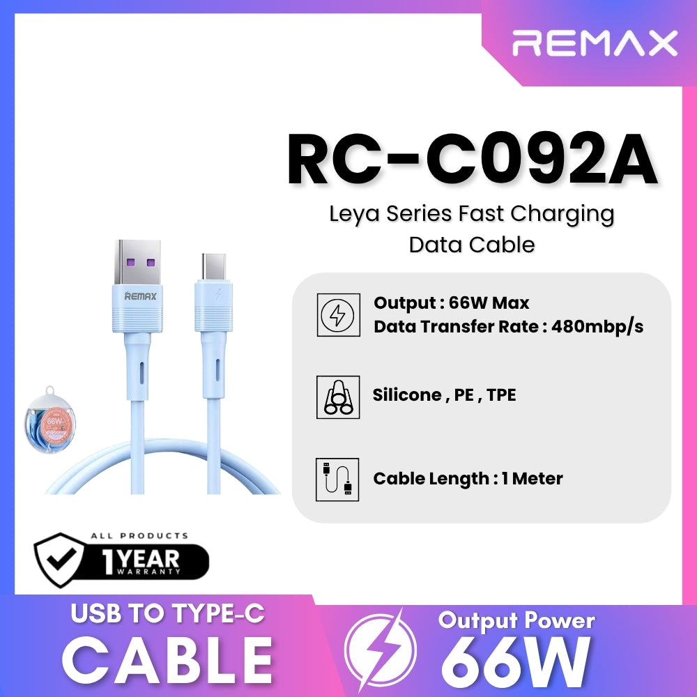 REMAX - RC-C092A Leya Series USB to Type-C Fast Charging Data Cables (66W) - Blue