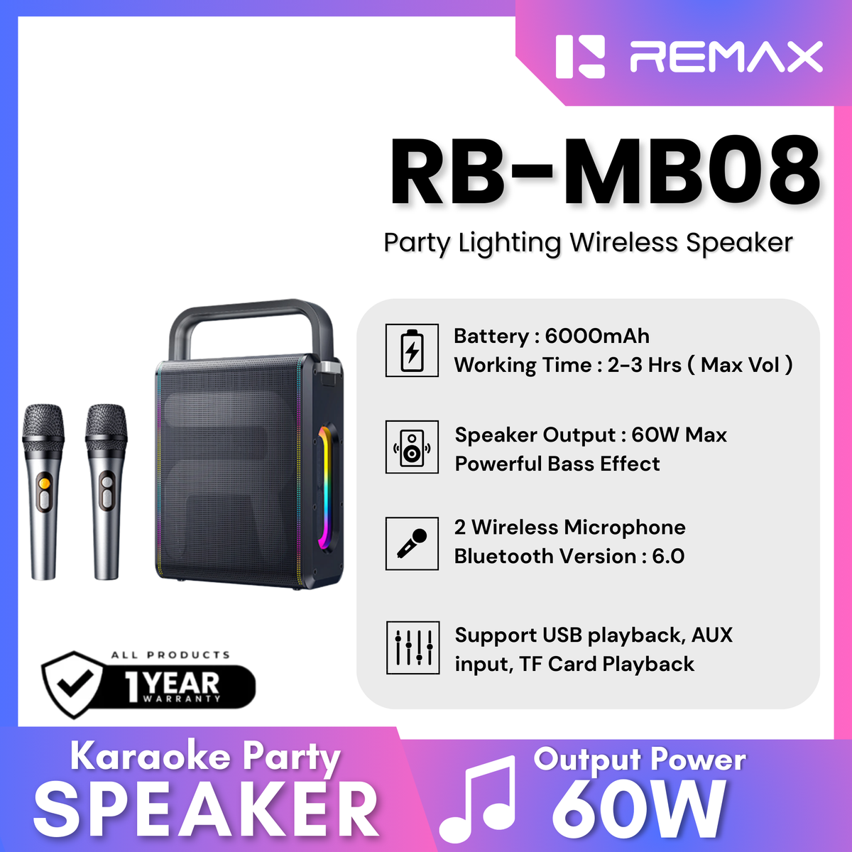 REMAX - RB-MB08 Lighting Party Bluetooth Wireless Speaker ( 60W ) - Black