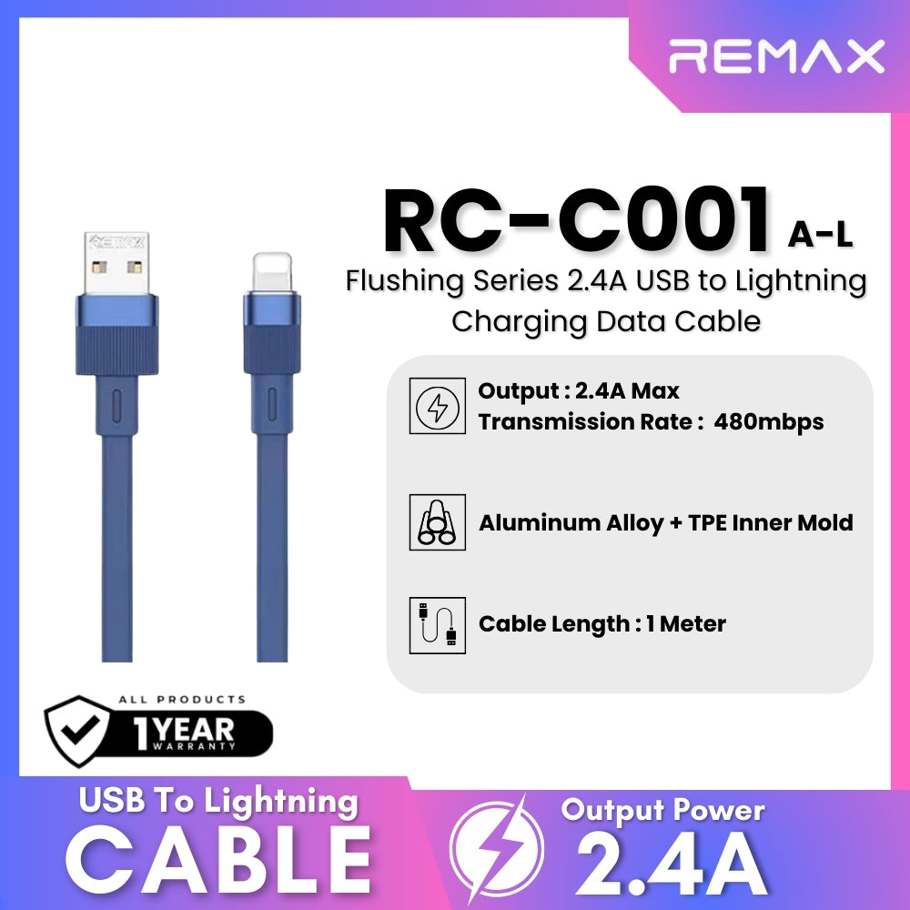 REMAX - RC-C001 A-L Flushing Series 2.4A Lightning Charging Data Cable - Blue