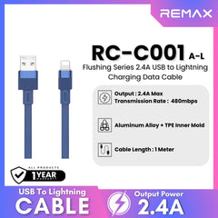 REMAX - RC-C001 A-L Flushing Series 2.4A Lightning Charging Data Cable - Blue
