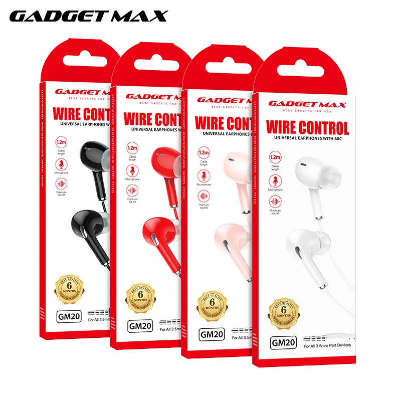 GADGET MAX GM20  3.5MM EARPHONE CONTROL UNIVERSAL EARPHONES WITH MIC (1.2M) - WHITE