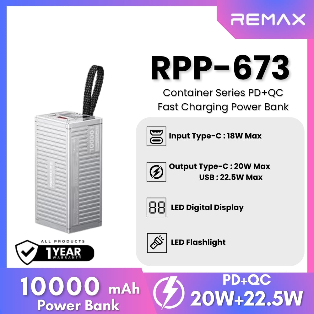 REMAX RPP-673 Container Series 10000mAh PD+QC  Fast Charging Power Bank(PD 20W+QC 22.5W) - Silver