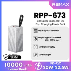 REMAX RPP-673 Container Series 10000mAh PD+QC  Fast Charging Power Bank(PD 20W+QC 22.5W) - Silver