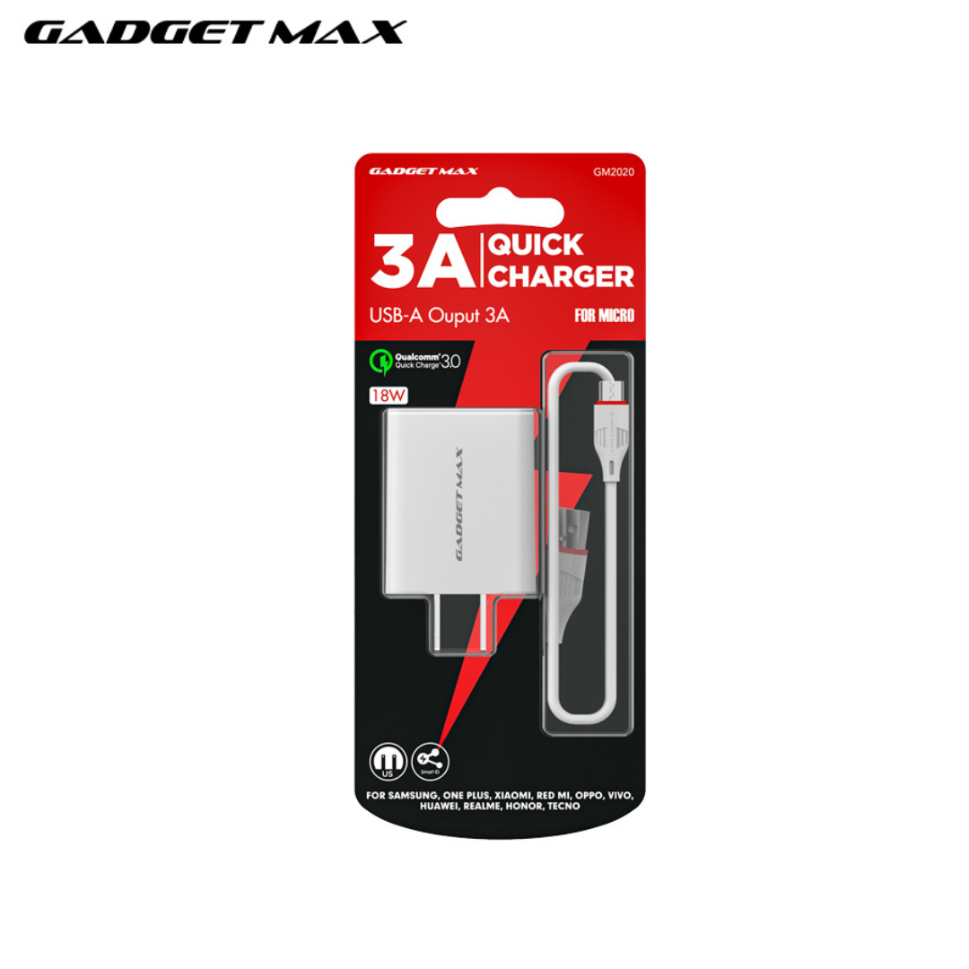 GADGET MAX GM2020 3A QUICK CHARGER WITH MICRO DATA CABLE - WHITE