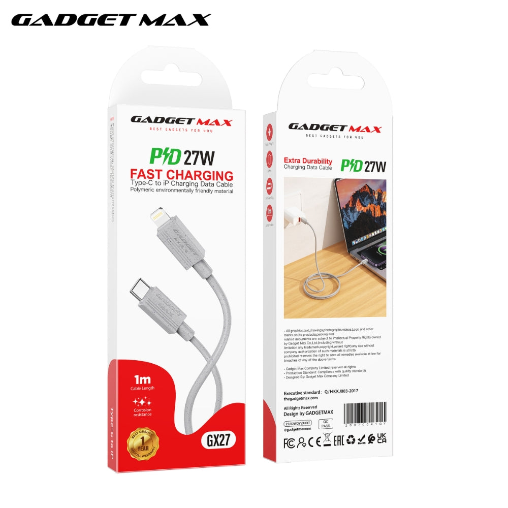GADGET MAX - GX27 C-L TPE Series Type-C To Lightning Fast Charging Data Cable (27W) - Grey