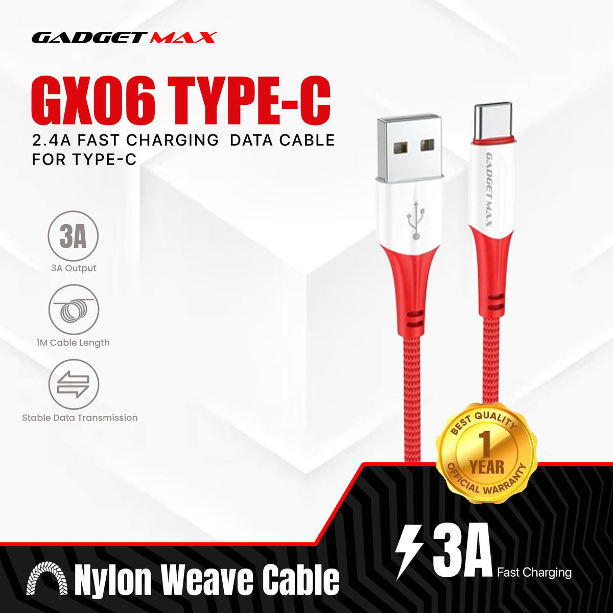 GADGET MAX GX06 TYPE-C  2.4A FAST CHARGING EXQUISITE & PRACTICAL DATA CABLE FOR TYPE-C (2.4A)(1M) - RED
